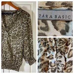 Zara Basic Leopard Print‎ Ruffle Blouse Smocked Hem Long Sleeve Top Small Sheer